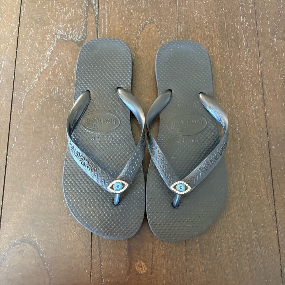 Havaianas Slim Crystal II Black Flip Flops Thongs Sandals Evil Eye Size 6